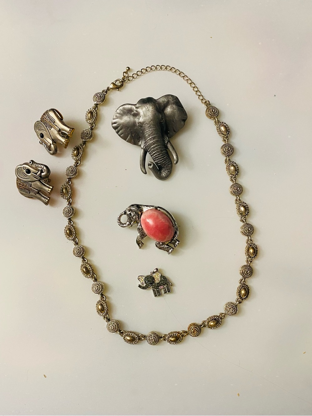 Silver-Tone Necklace with Elephant Charm, Clip Ear Rings, and Elephant Brooches